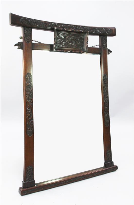 A Japanese Torii-shaped carved wood mirror, late 19th century, H.137cm W.100cm